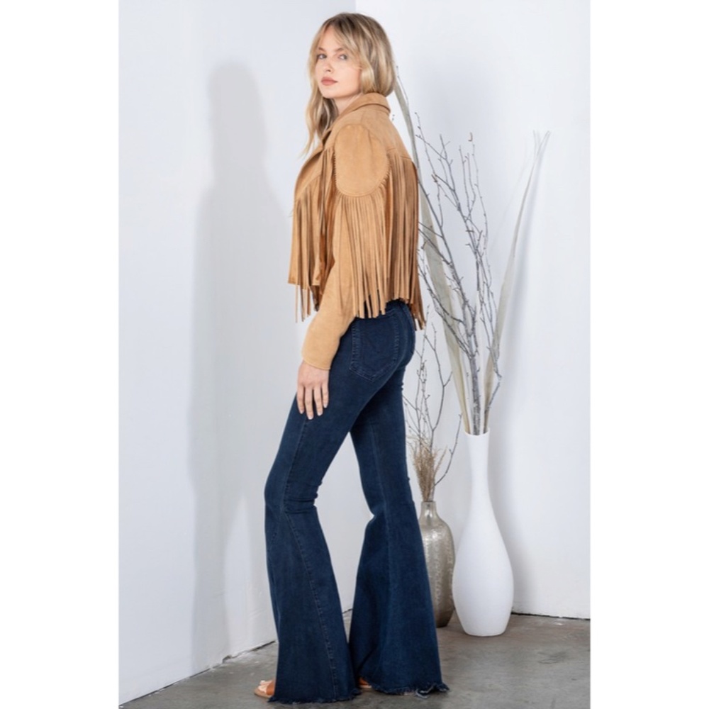 SOLD OUT Camel Faux Leather Suede Fringe Cropped Western Boho Moto Jacket - Picture 7 of 11